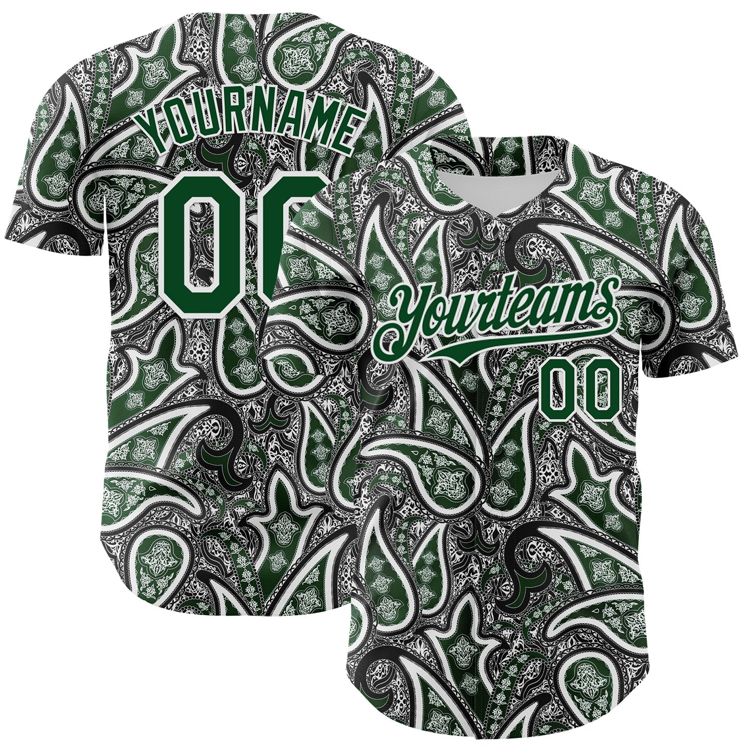 Custom Black Green-White Rave Party Ethnic Paisley Bandana Authentic Baseball Jersey - Main View