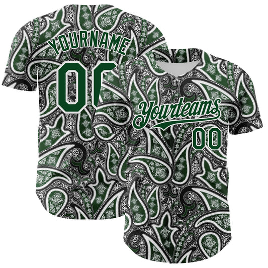 Custom Black Green-White Rave Party Ethnic Paisley Bandana Authentic Baseball Jersey - Main View