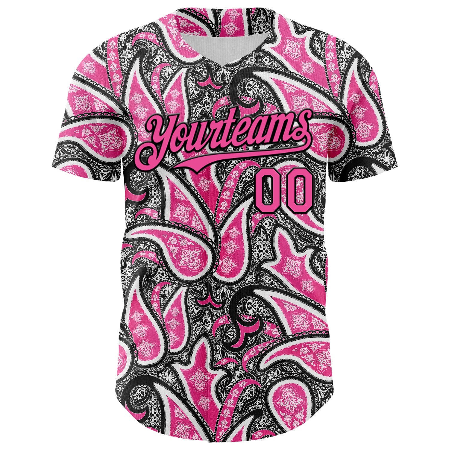 Custom Black Pink-White Rave Party Ethnic Paisley Bandana Authentic Baseball Jersey view 2
