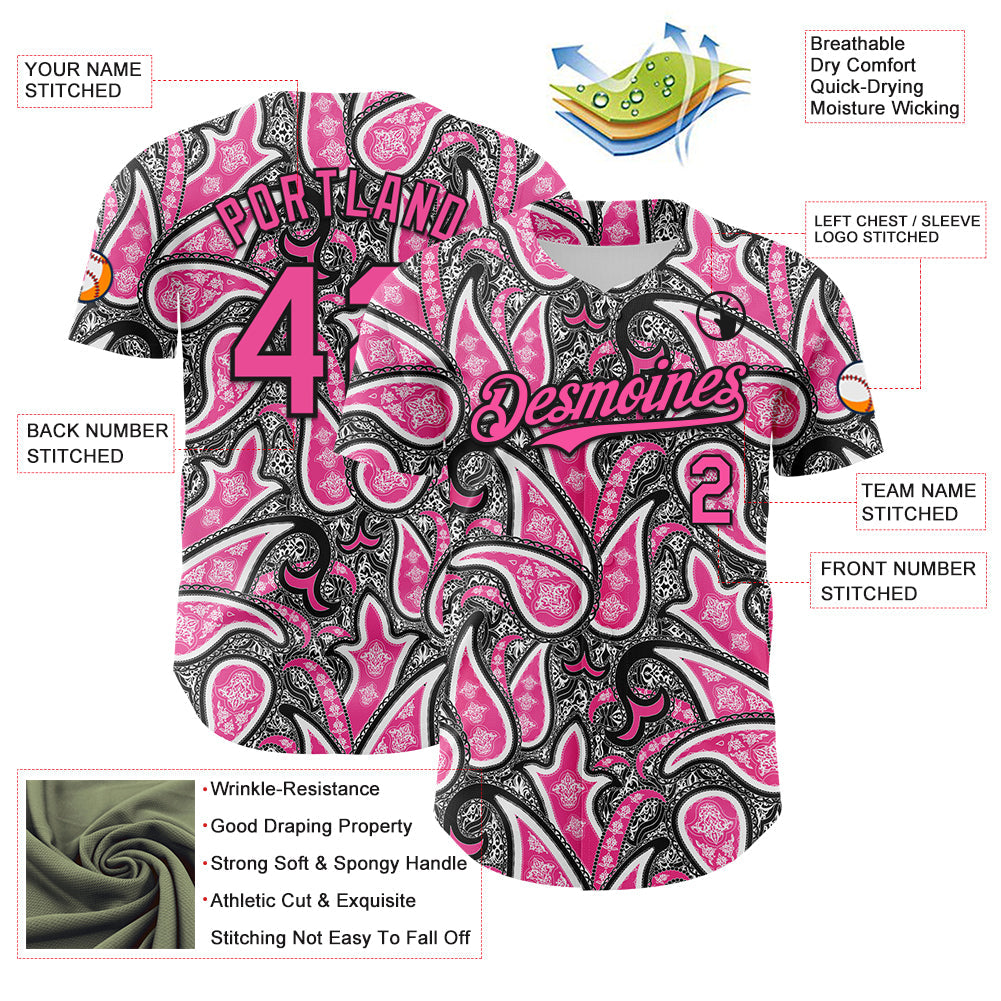 Custom Black Pink-White Rave Party Ethnic Paisley Bandana Authentic Baseball Jersey view 3