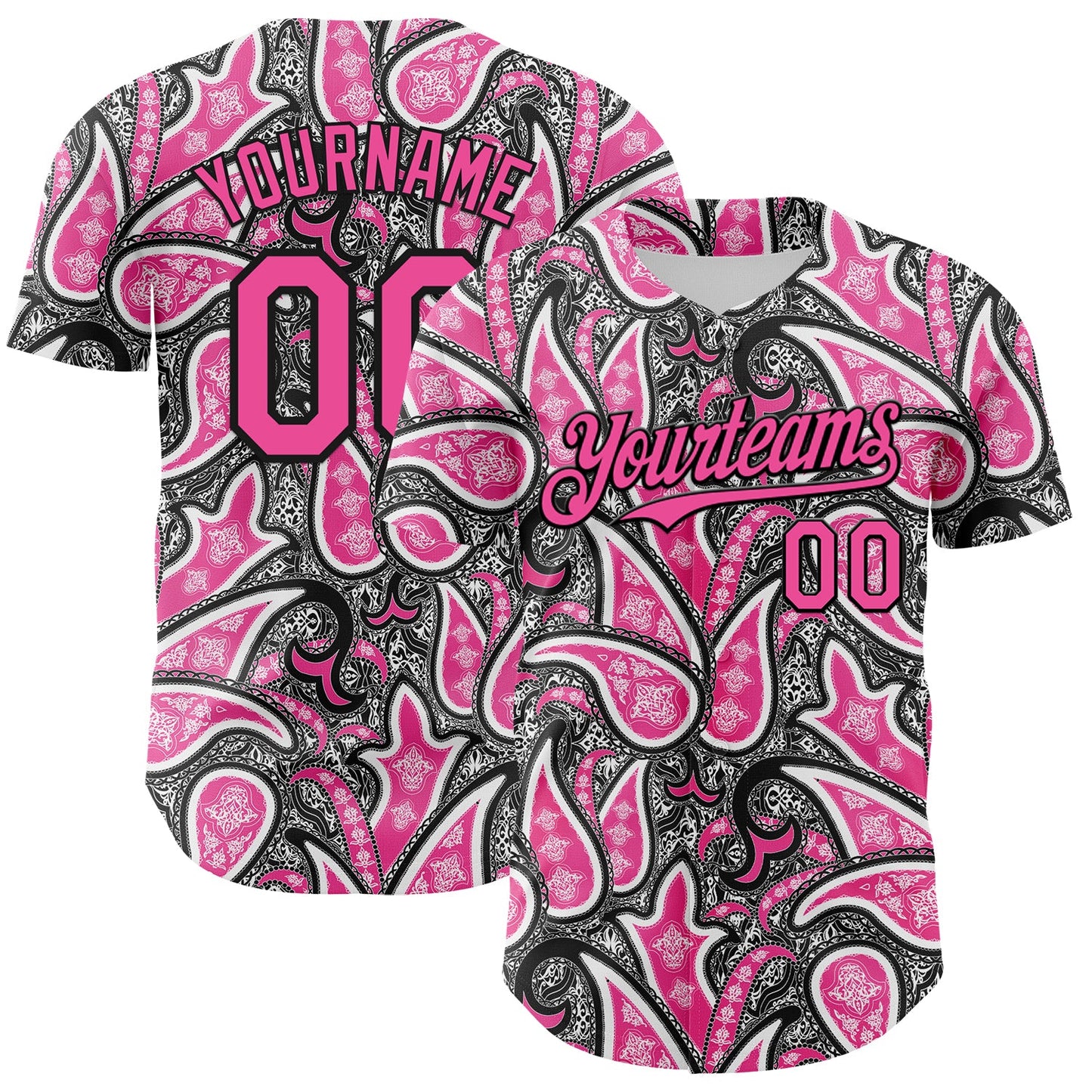 Custom Black Pink-White Rave Party Ethnic Paisley Bandana Authentic Baseball Jersey - Main View