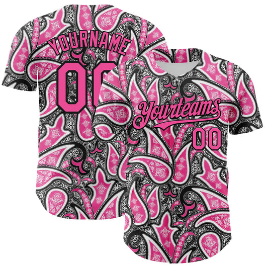 Custom Black Pink-White Rave Party Ethnic Paisley Bandana Authentic Baseball Jersey - Main View