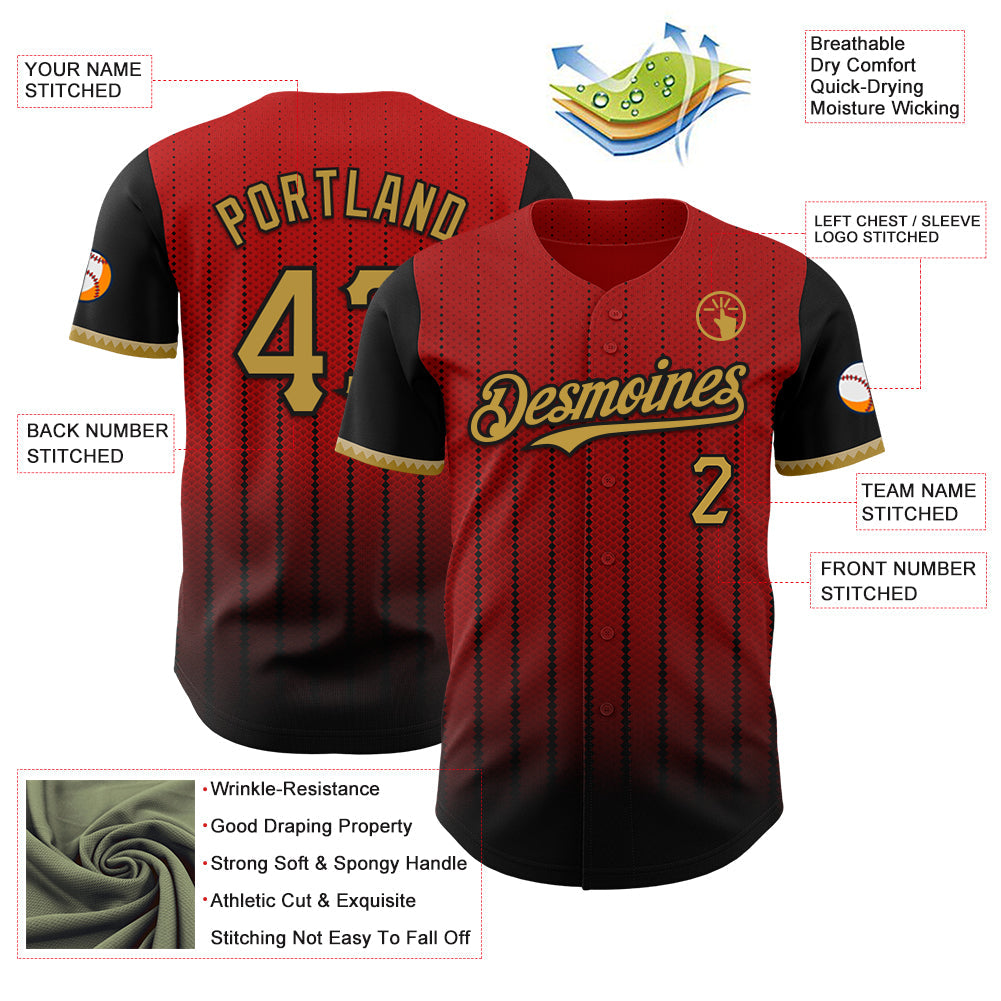Custom Red Old Gold-Black 3D Pattern Design Gradient Geometric Shape Authentic Baseball Jersey view 3