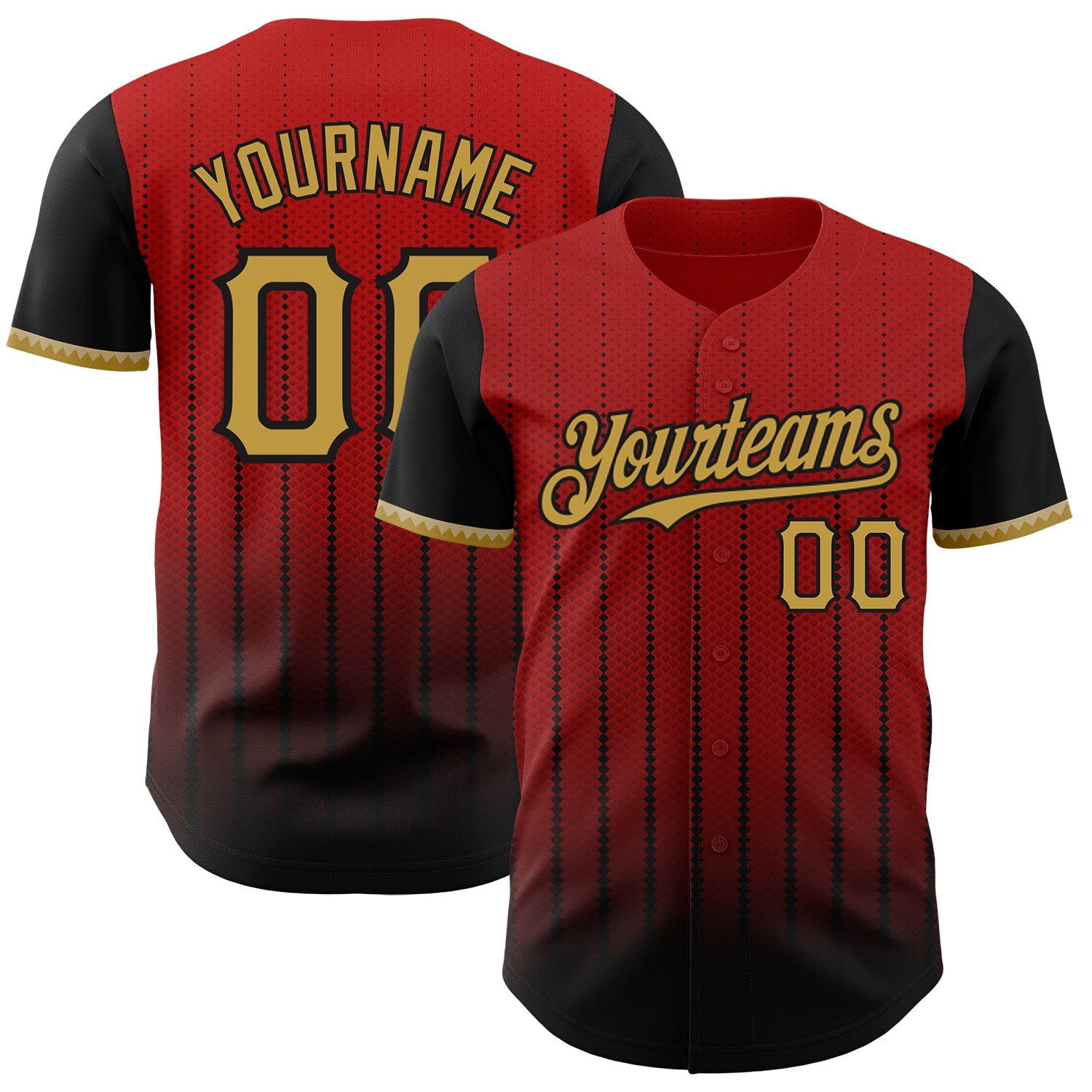 Custom Red Old Gold-Black 3D Pattern Design Gradient Geometric Shape Authentic Baseball Jersey - Main View