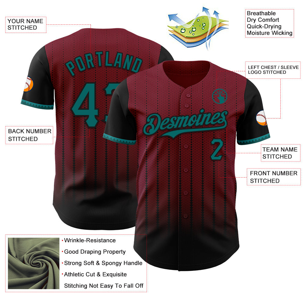 Custom Crimson Teal-Black 3D Pattern Design Gradient Geometric Shape Authentic Baseball Jersey view 3