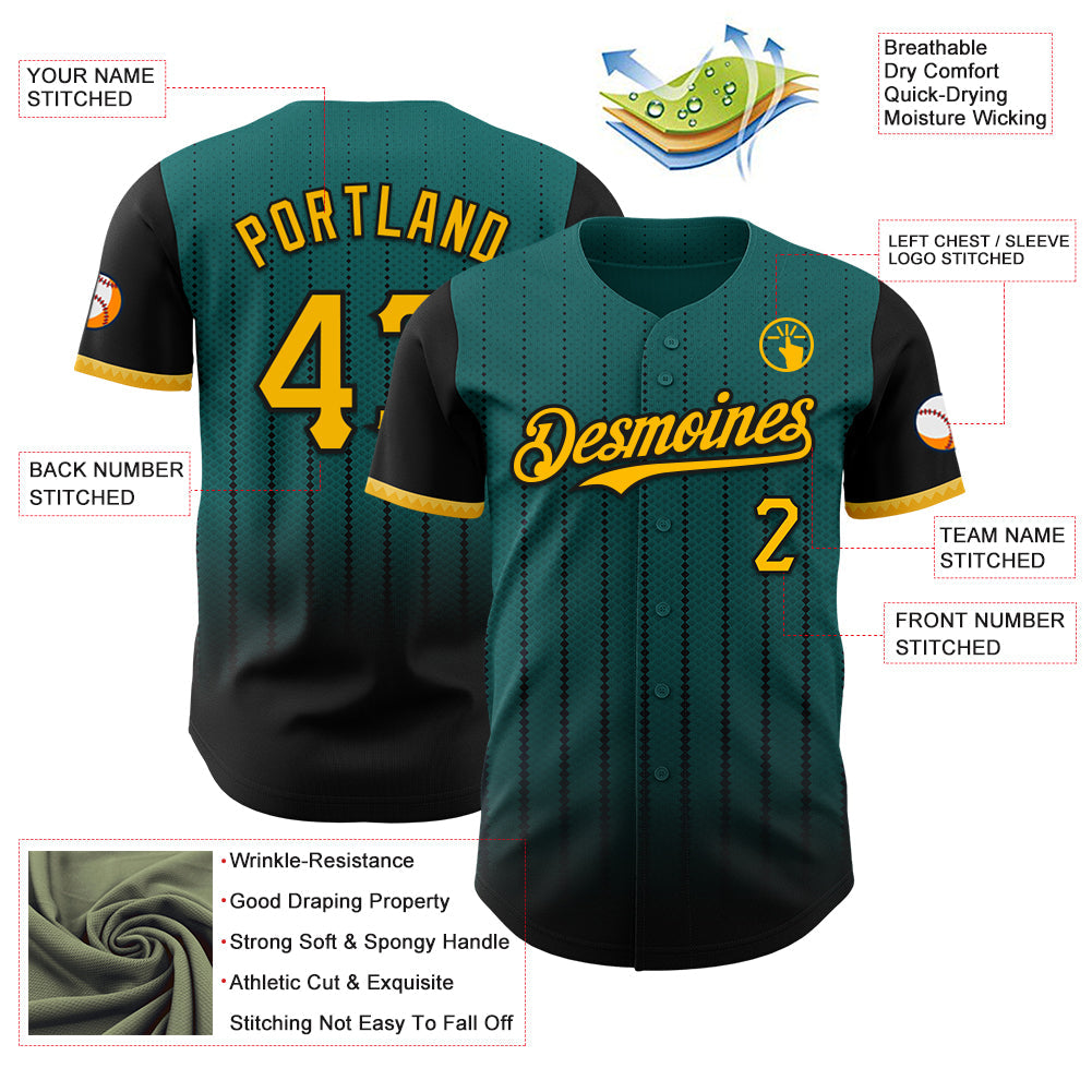 Custom Teal Gold-Black 3D Pattern Design Gradient Geometric Shape Authentic Baseball Jersey view 3