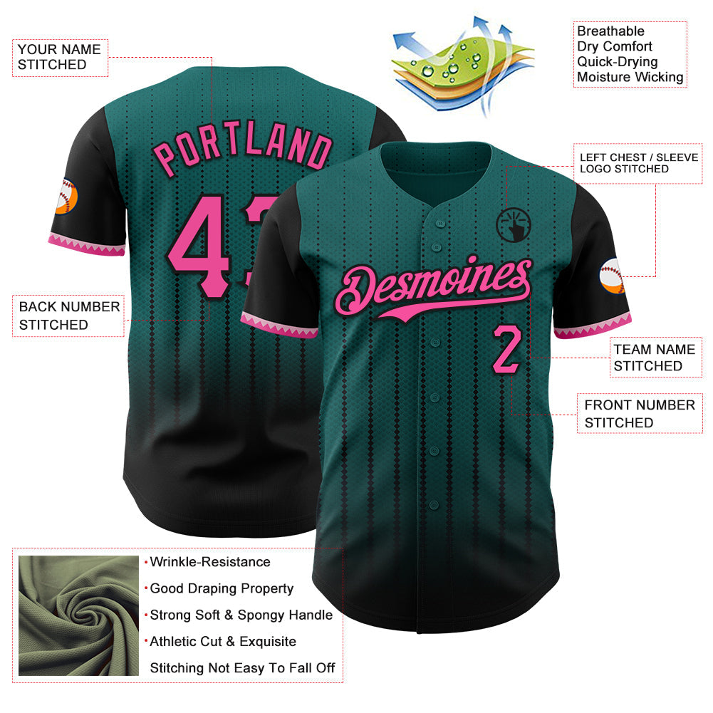 Custom Teal Pink-Black 3D Pattern Design Gradient Geometric Shape Authentic Baseball Jersey view 3