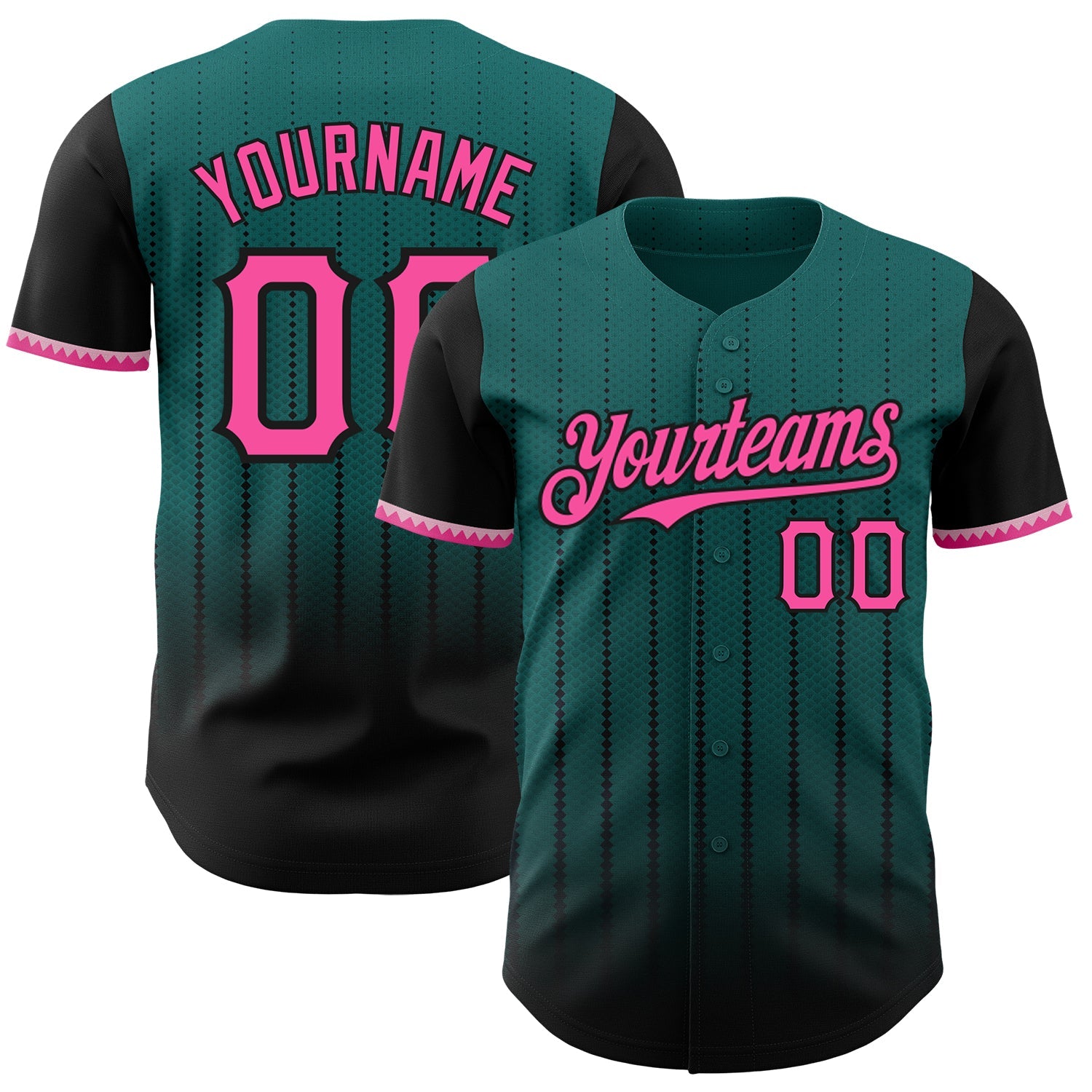 Custom Teal Pink-Black 3D Pattern Design Gradient Geometric Shape Authentic Baseball Jersey - Main View