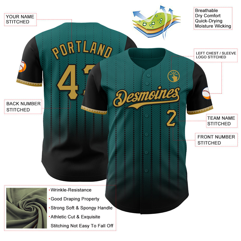 Custom Teal Old Gold-Black 3D Pattern Design Gradient Geometric Shape Authentic Baseball Jersey view 3