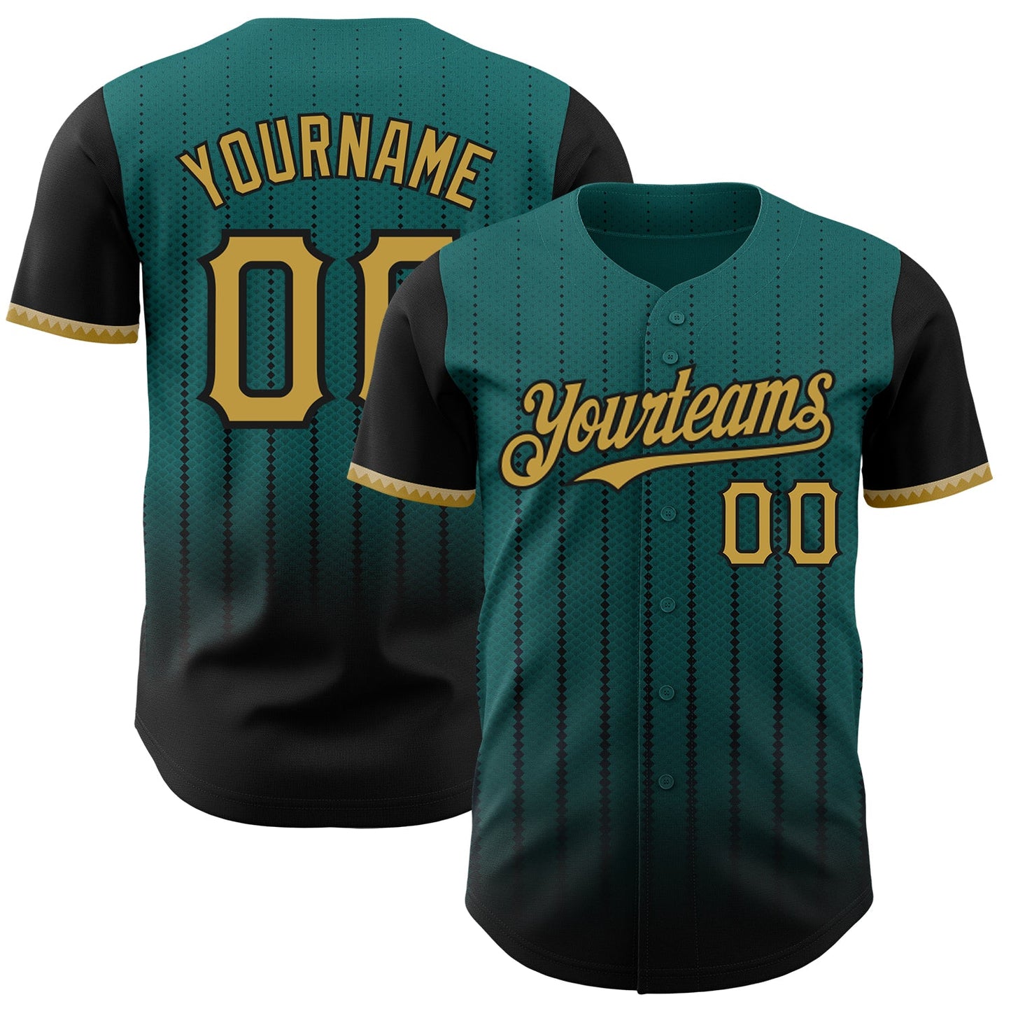 Custom Teal Old Gold-Black 3D Pattern Design Gradient Geometric Shape Authentic Baseball Jersey - Main View