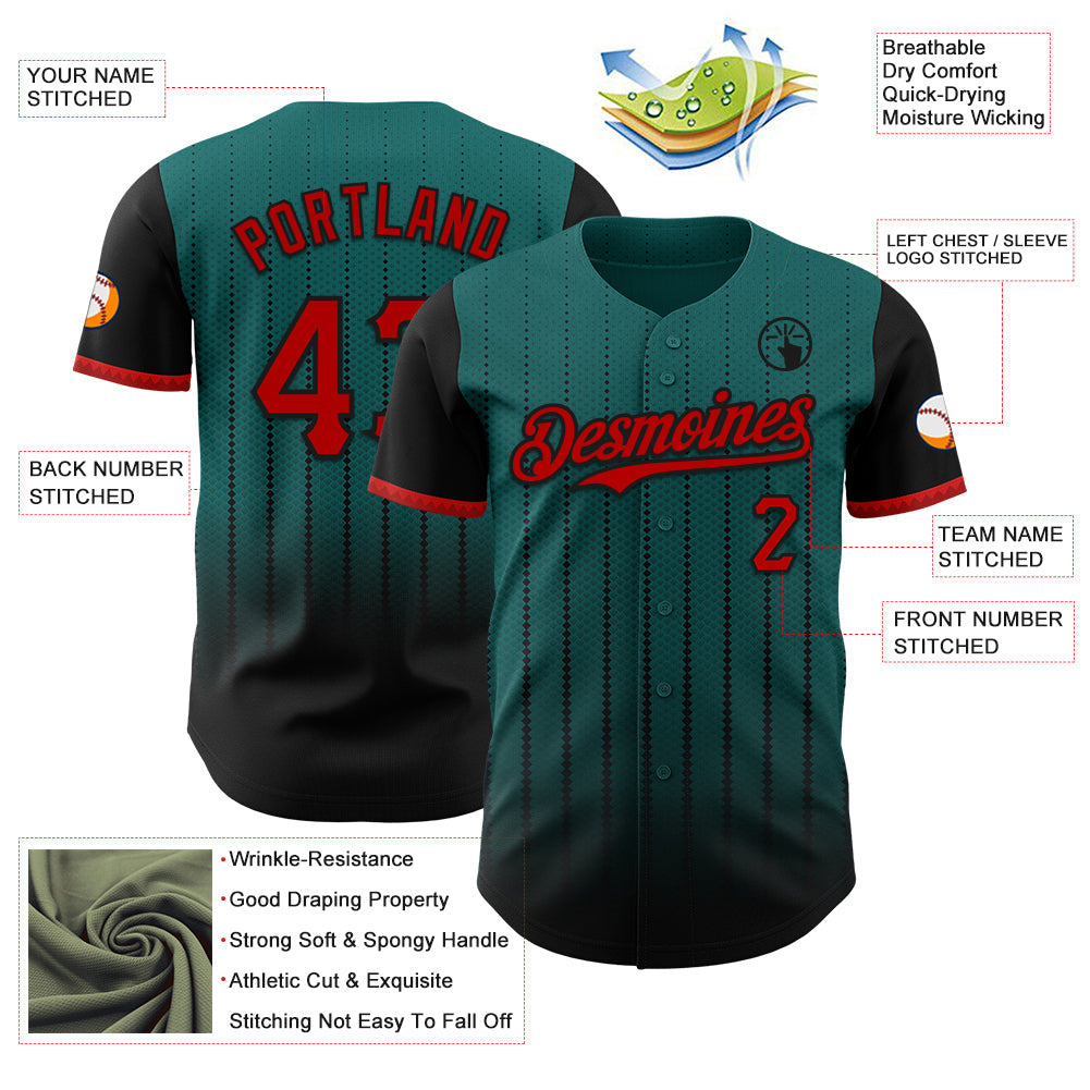 Custom Teal Red-Black 3D Pattern Design Gradient Geometric Shape Authentic Baseball Jersey view 3