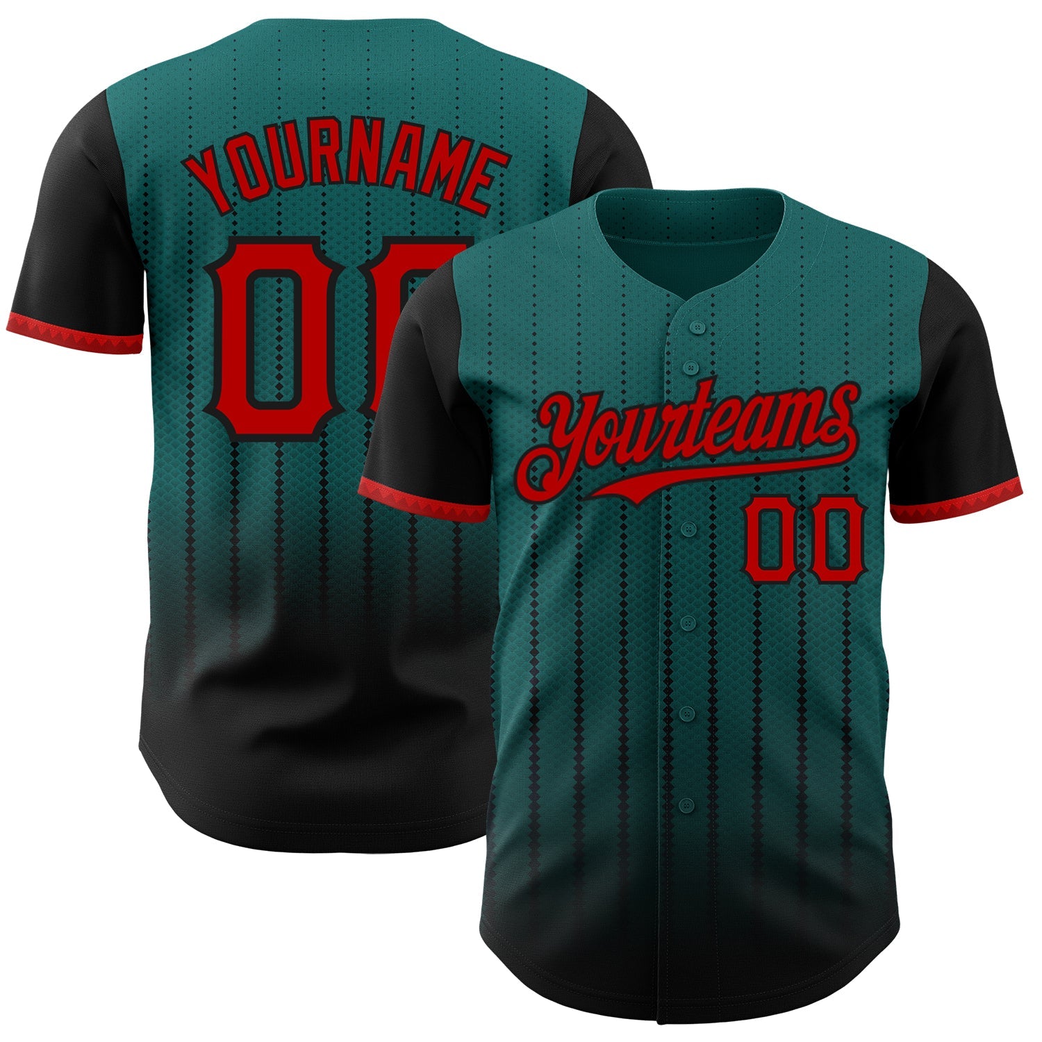 Custom Teal Red-Black 3D Pattern Design Gradient Geometric Shape Authentic Baseball Jersey - Main View