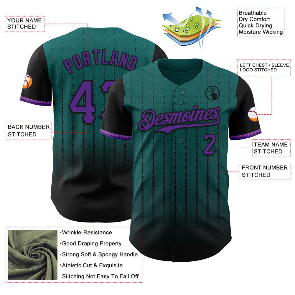 Custom Teal Purple-Black 3D Pattern Design Gradient Geometric Shape Authentic Baseball Jersey view 3