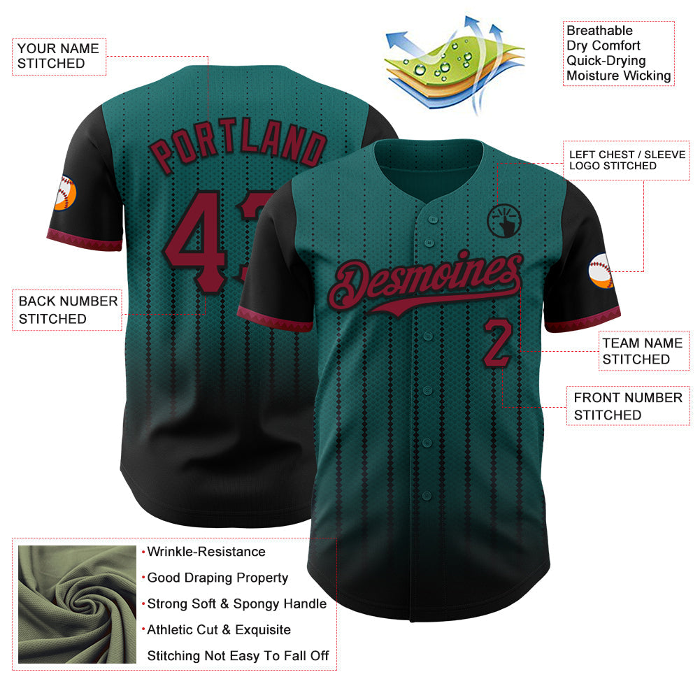 Custom Teal Crimson-Black 3D Pattern Design Gradient Geometric Shape Authentic Baseball Jersey view 3