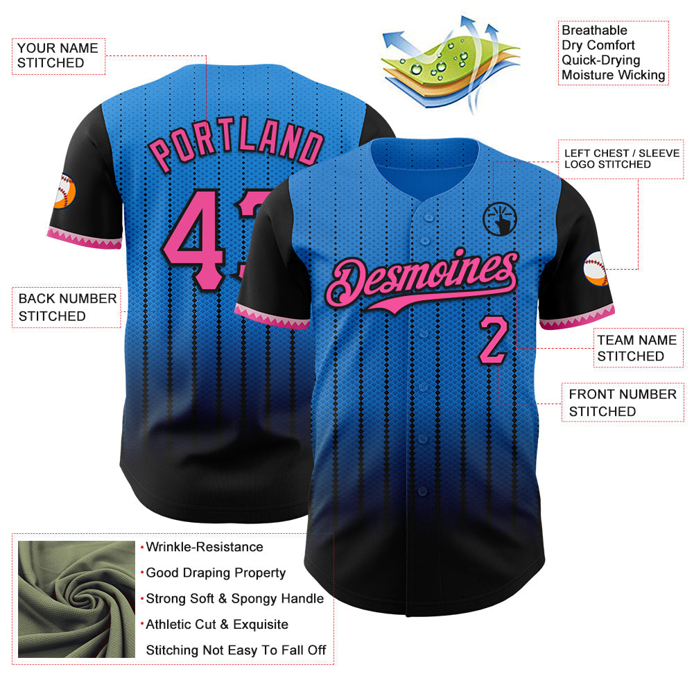 Custom Electric Blue Pink-Black 3D Pattern Design Gradient Geometric Shape Authentic Baseball Jersey view 3