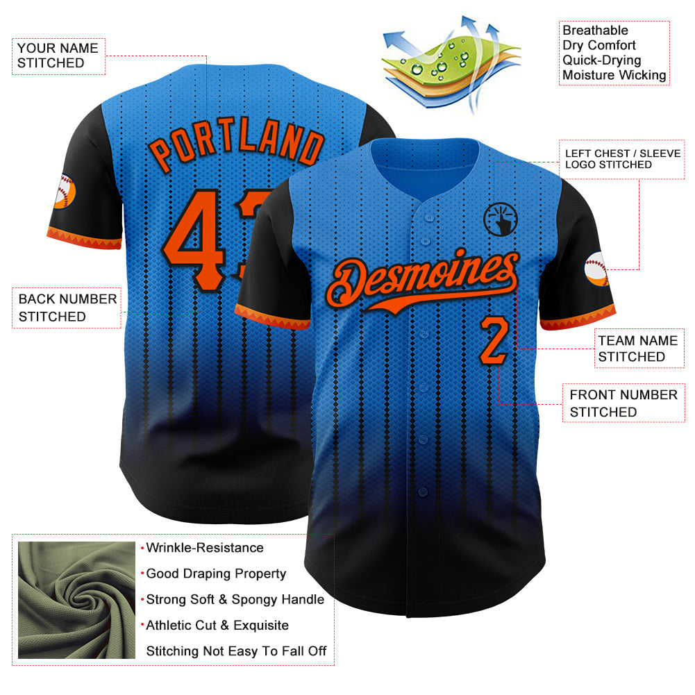 Custom Electric Blue Orange-Black 3D Pattern Design Gradient Geometric Shape Authentic Baseball Jersey view 3