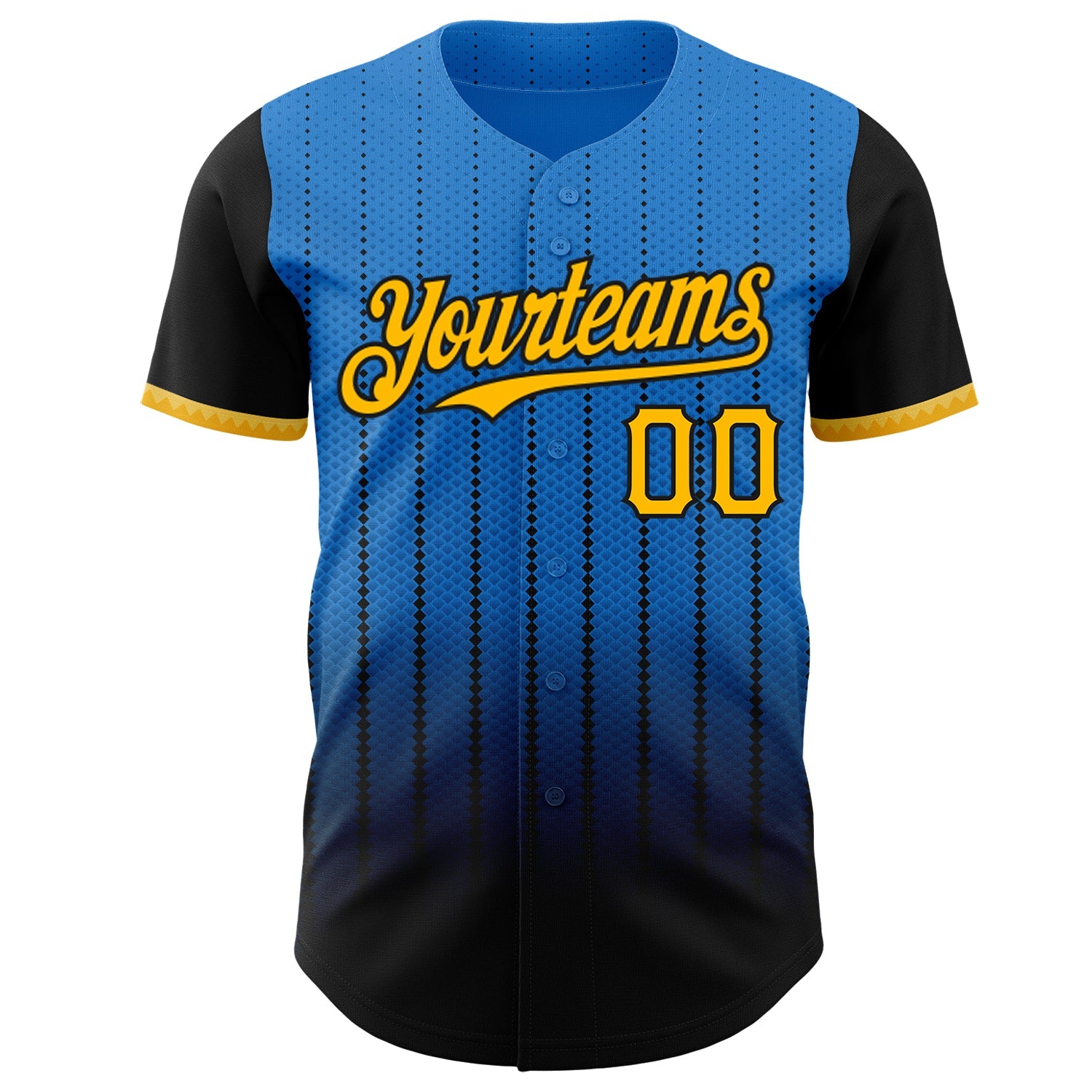 Custom Electric Blue Gold-Black 3D Pattern Design Gradient Geometric Shape Authentic Baseball Jersey view 2