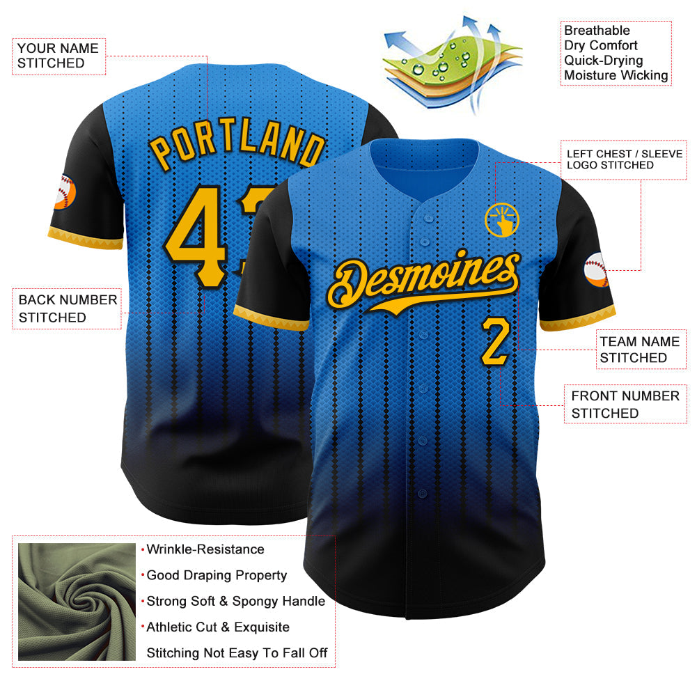 Custom Electric Blue Gold-Black 3D Pattern Design Gradient Geometric Shape Authentic Baseball Jersey view 3