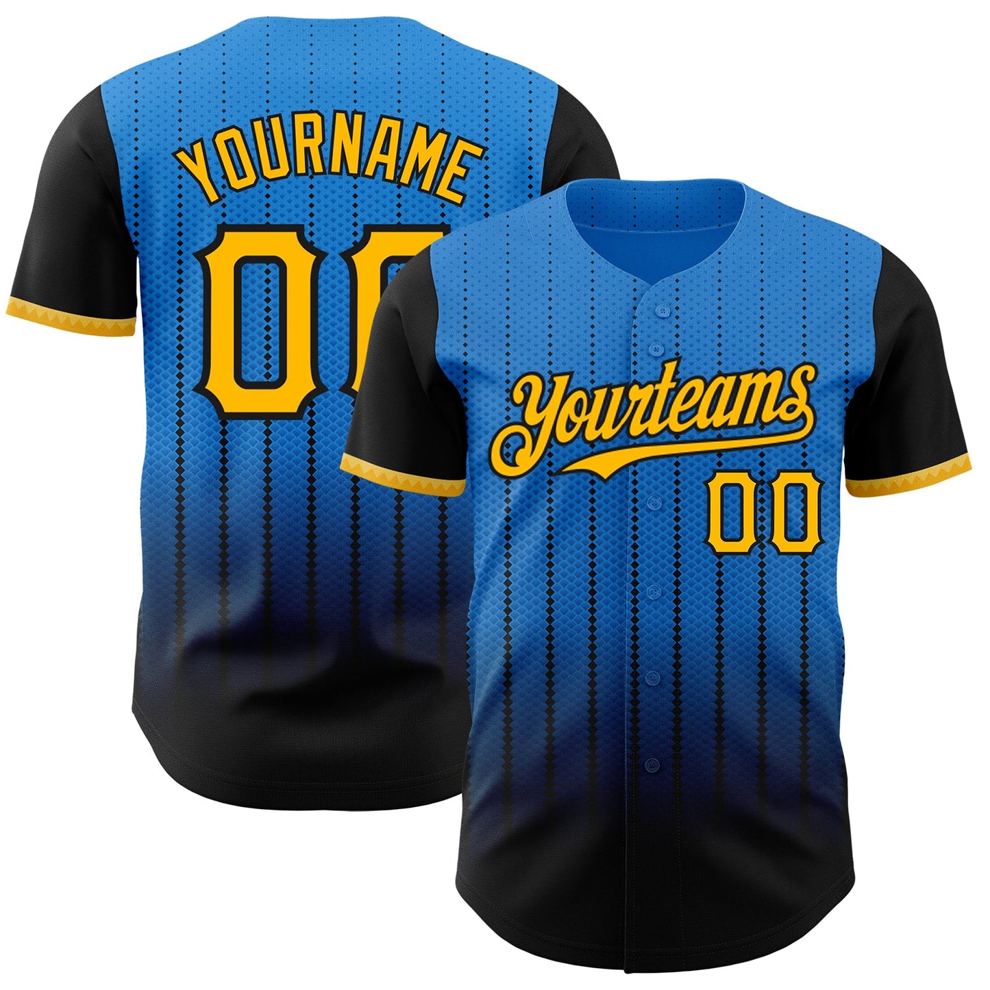 Custom Electric Blue Gold-Black 3D Pattern Design Gradient Geometric Shape Authentic Baseball Jersey - Main View