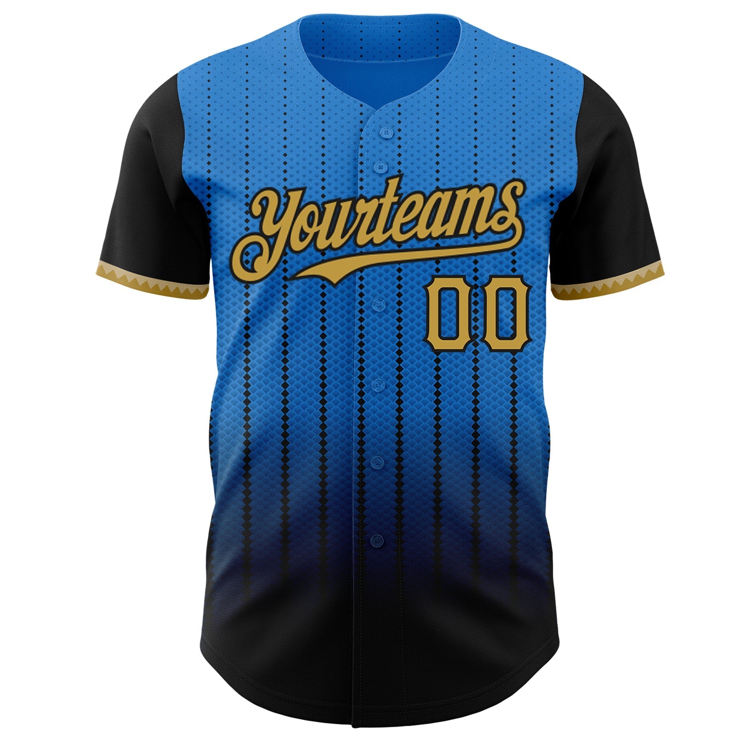 Custom Electric Blue Old Gold-Black 3D Pattern Design Gradient Geometric Shape Authentic Baseball Jersey view 2