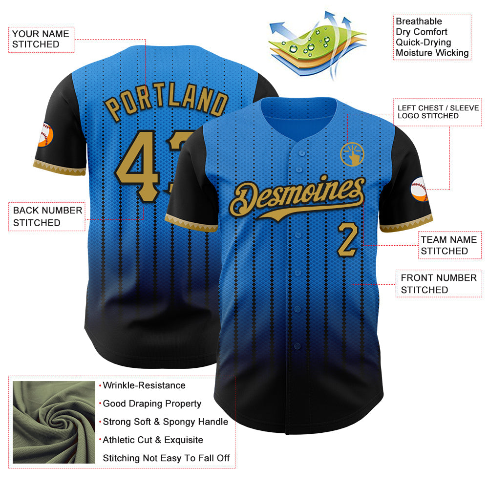 Custom Electric Blue Old Gold-Black 3D Pattern Design Gradient Geometric Shape Authentic Baseball Jersey view 3