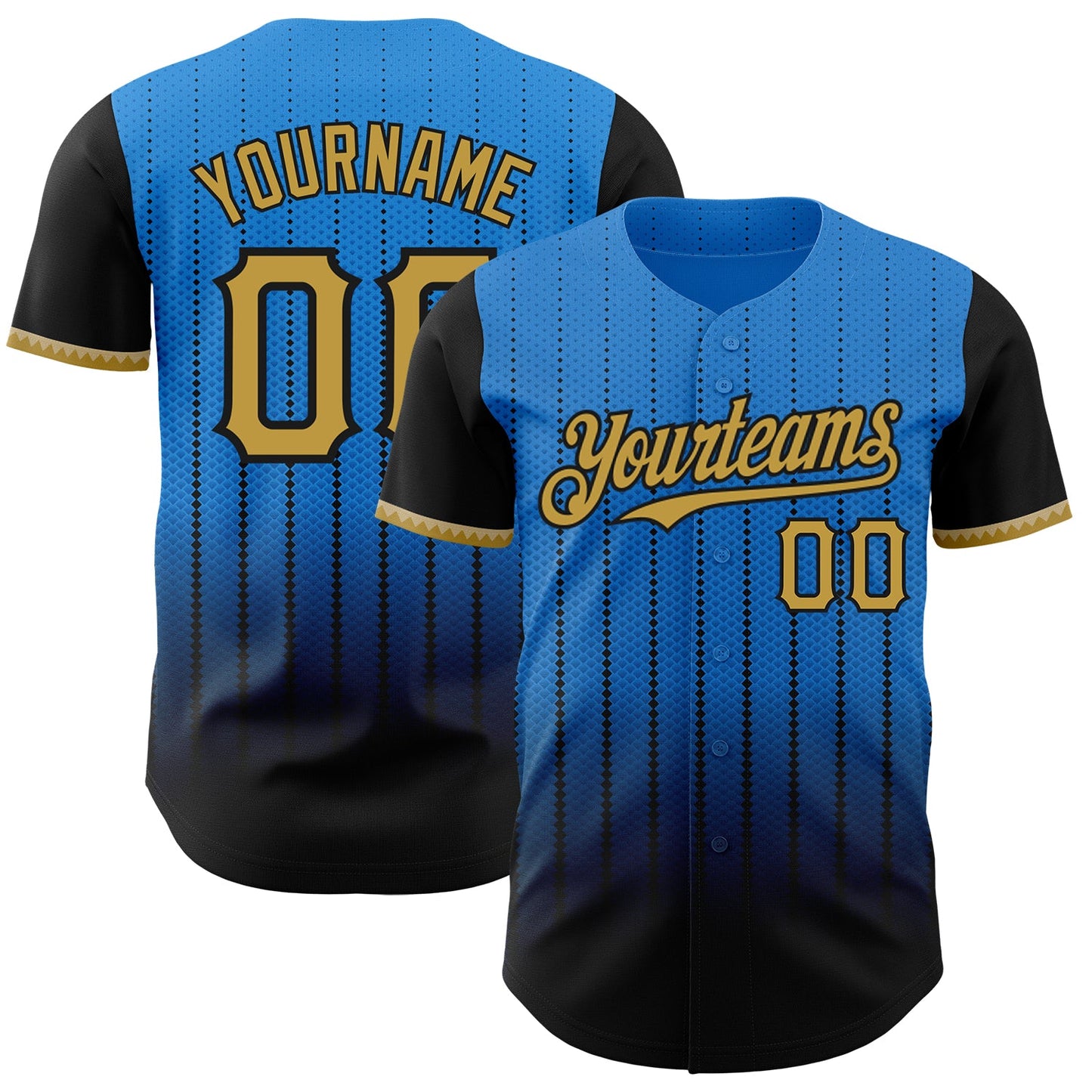 Custom Electric Blue Old Gold-Black 3D Pattern Design Gradient Geometric Shape Authentic Baseball Jersey - Main View