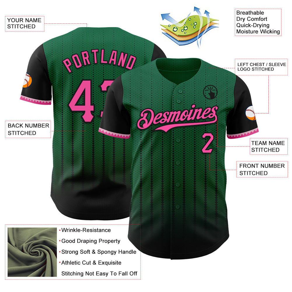 Custom Kelly Green Pink-Black 3D Pattern Design Gradient Geometric Shape Authentic Baseball Jersey view 3