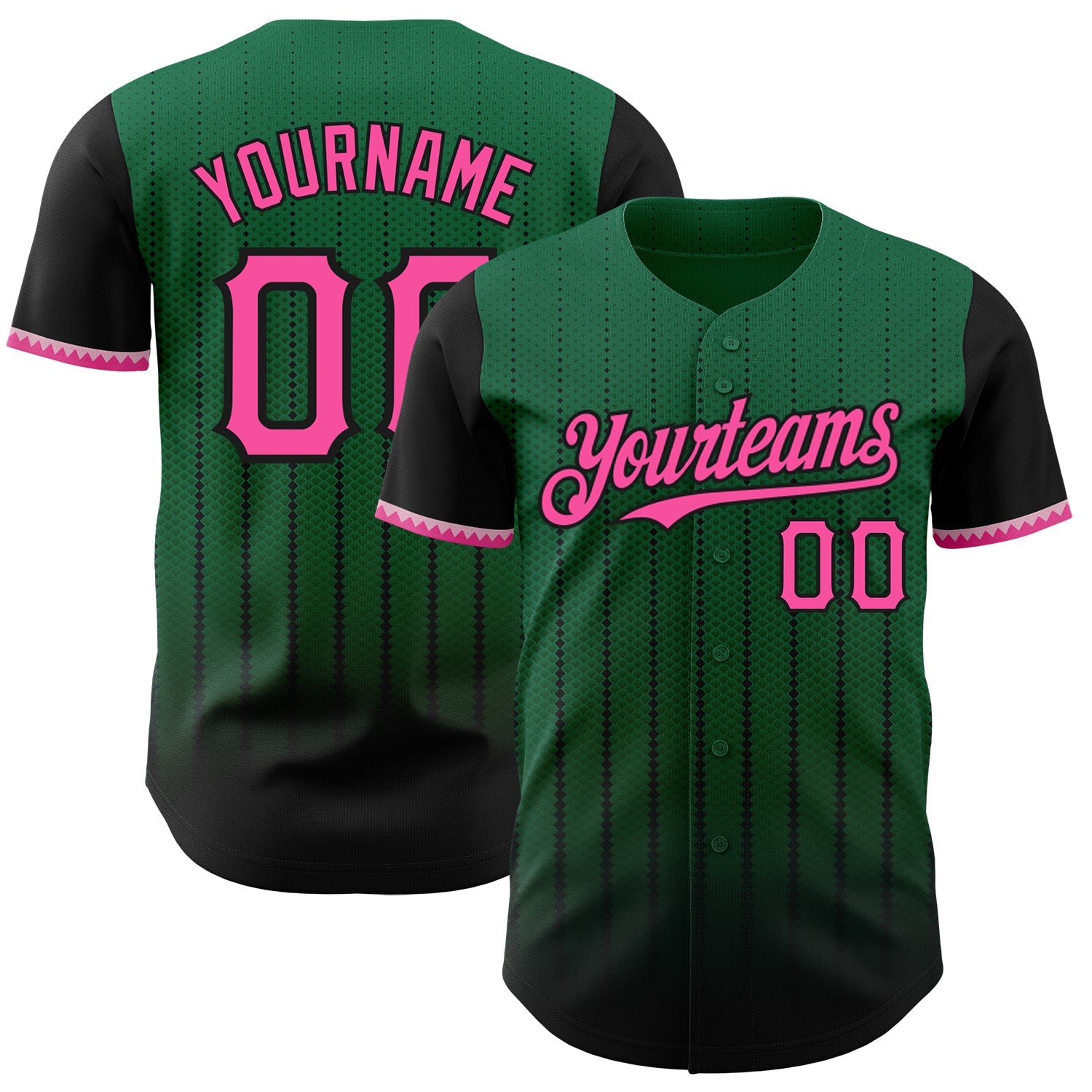 Custom Kelly Green Pink-Black 3D Pattern Design Gradient Geometric Shape Authentic Baseball Jersey - Main View