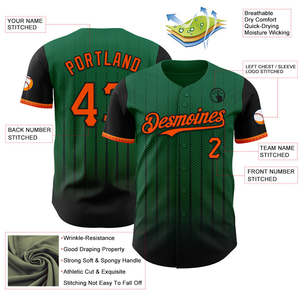 Custom Kelly Green Orange-Black 3D Pattern Design Gradient Geometric Shape Authentic Baseball Jersey view 3