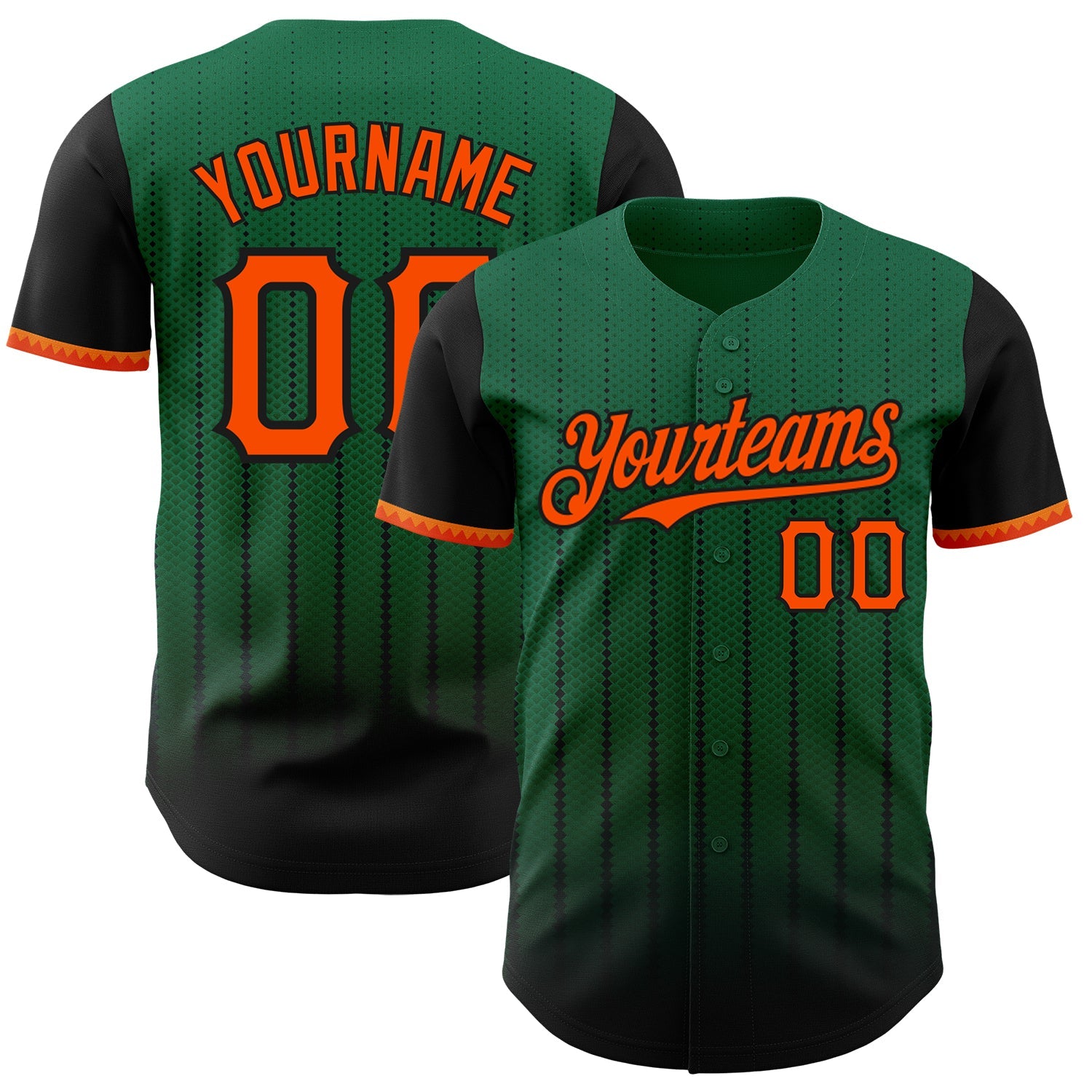 Custom Kelly Green Orange-Black 3D Pattern Design Gradient Geometric Shape Authentic Baseball Jersey - Main View