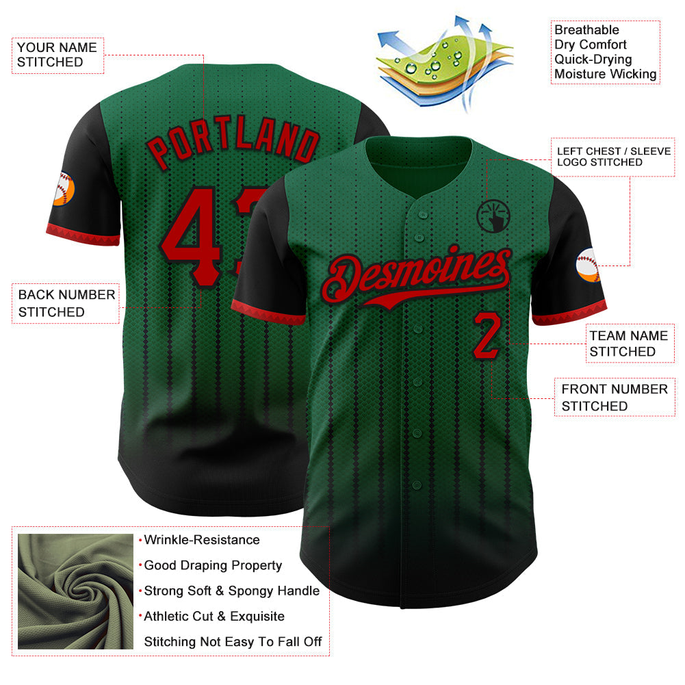 Custom Kelly Green Red-Black 3D Pattern Design Gradient Geometric Shape Authentic Baseball Jersey view 3