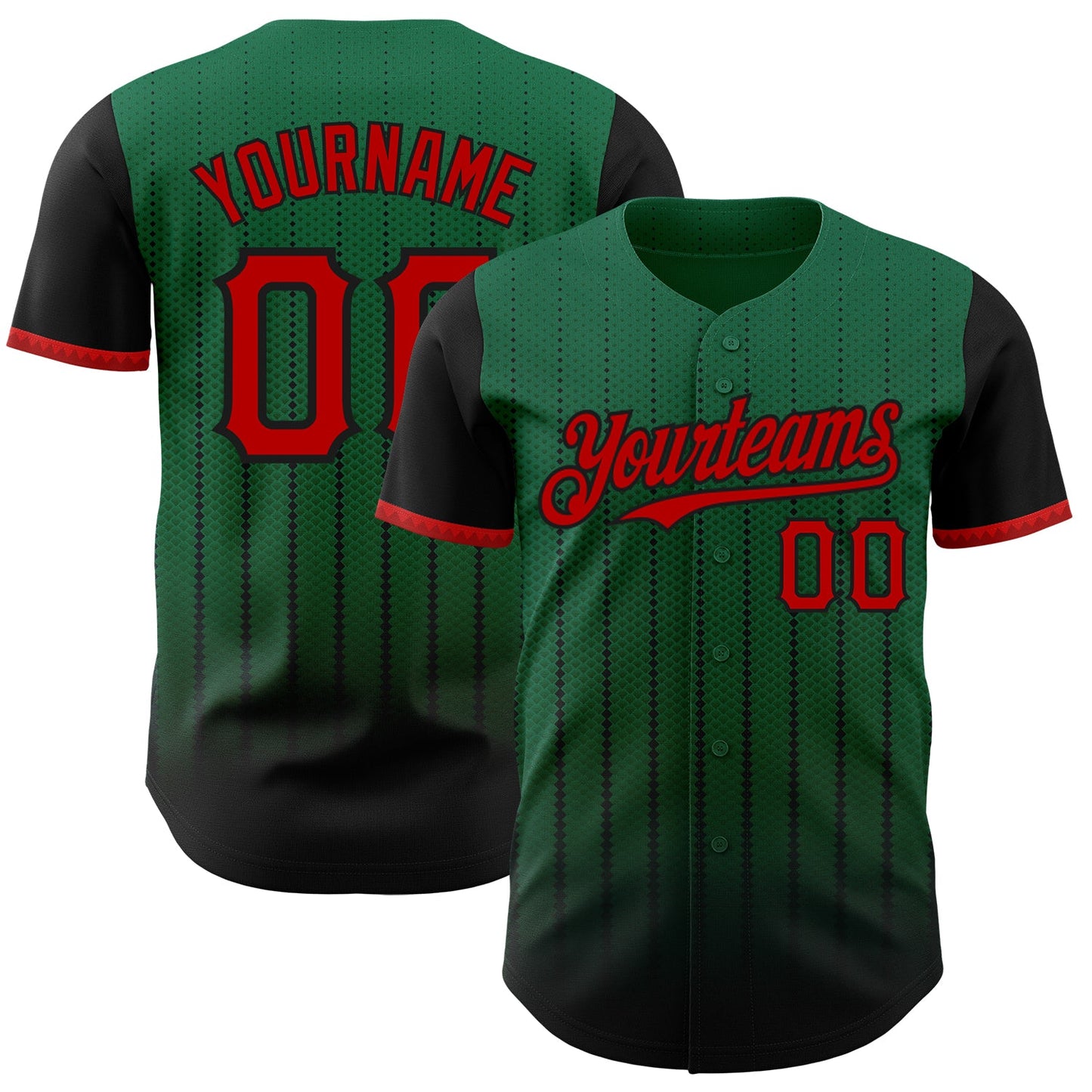 Custom Kelly Green Red-Black 3D Pattern Design Gradient Geometric Shape Authentic Baseball Jersey - Main View