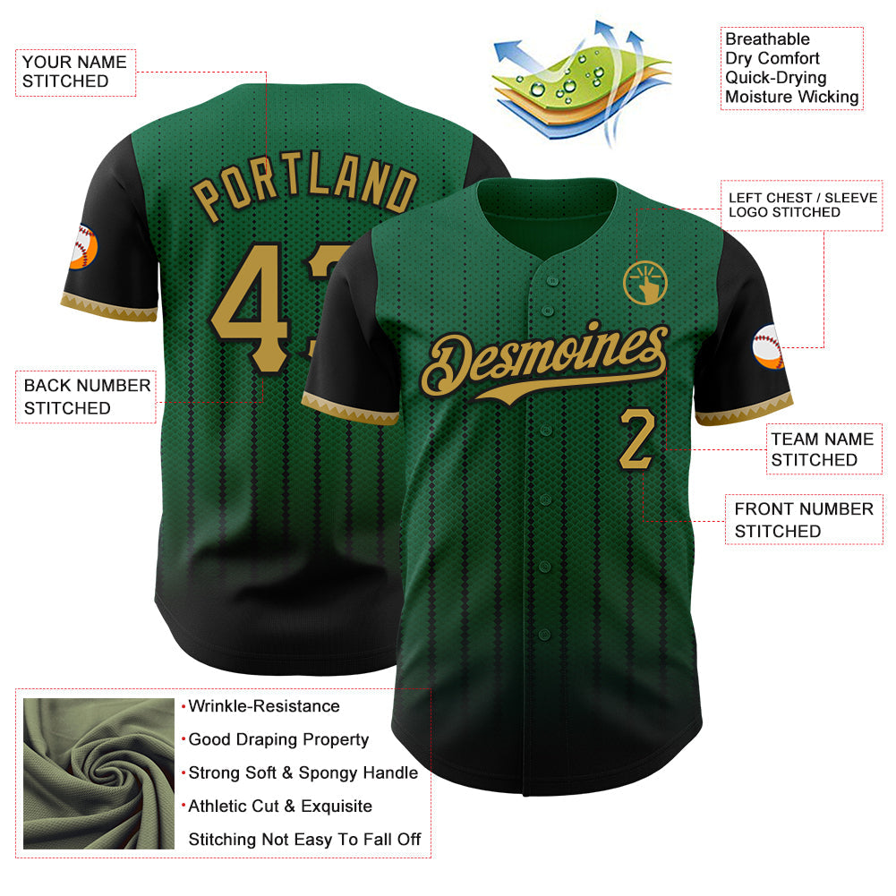 Custom Kelly Green Old Gold-Black 3D Pattern Design Gradient Geometric Shape Authentic Baseball Jersey view 3