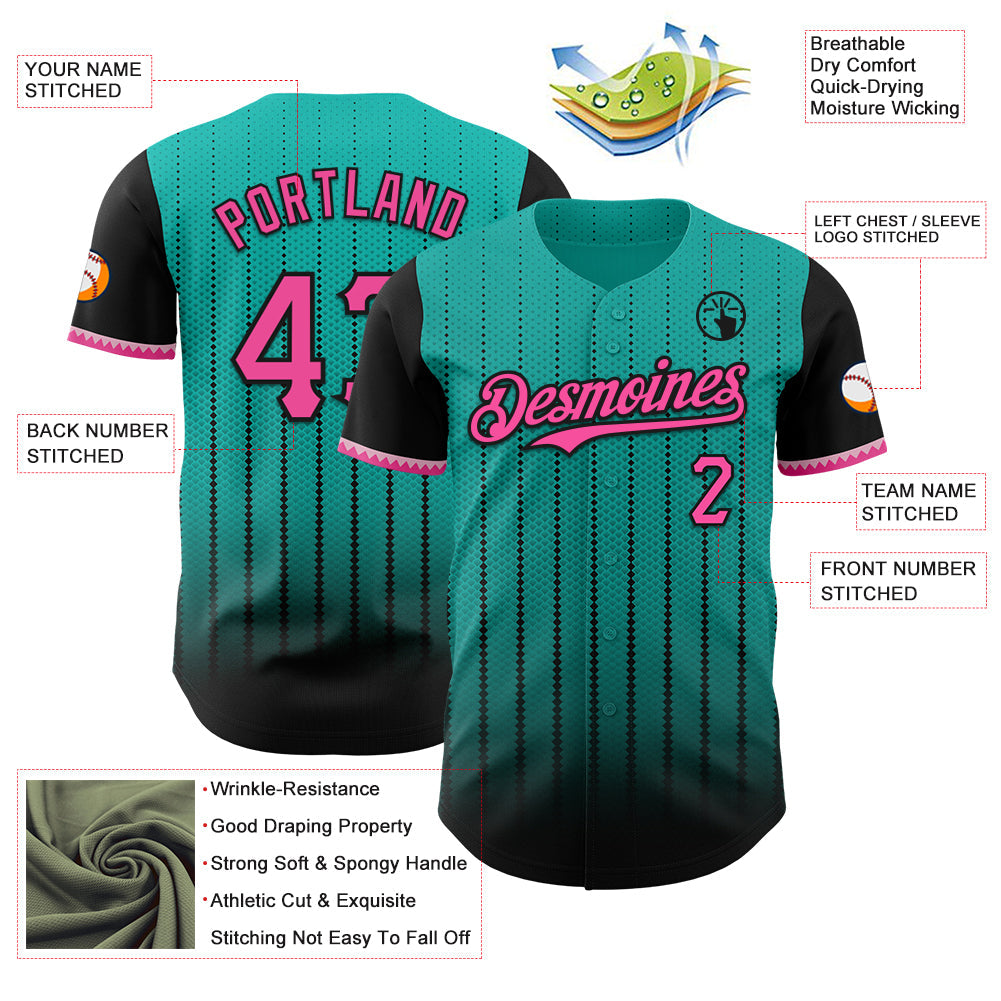 Custom Aqua Pink-Black 3D Pattern Design Gradient Geometric Shape Authentic Baseball Jersey view 3