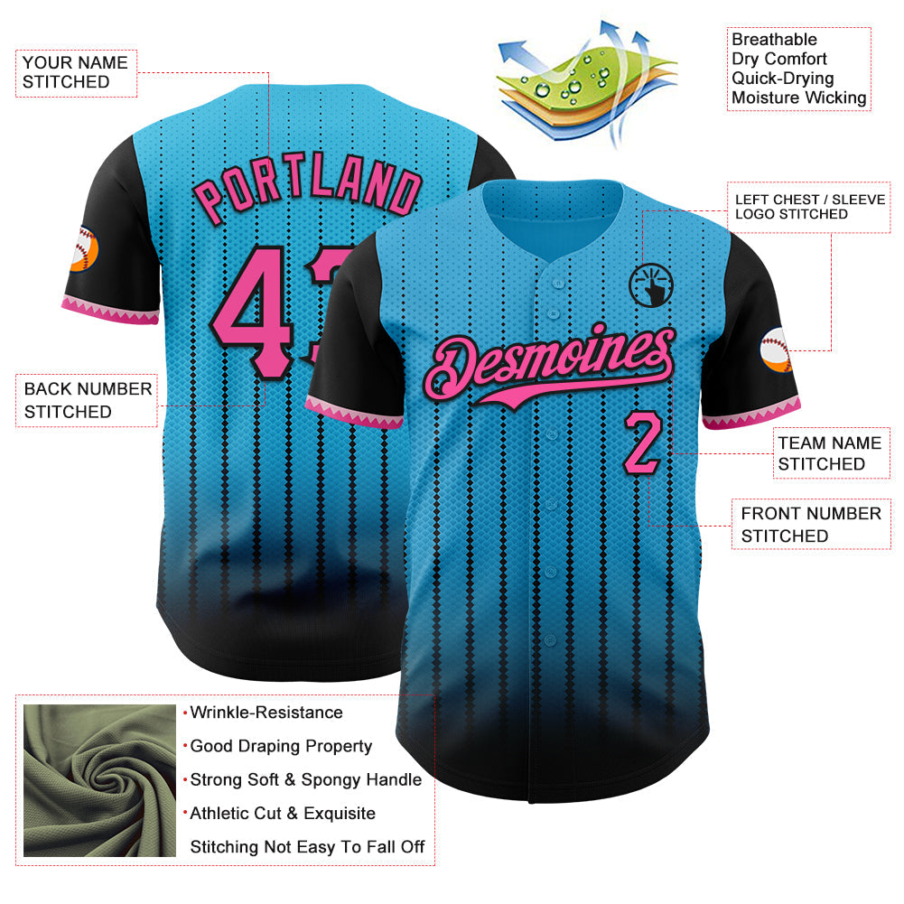 Custom Sky Blue Pink-Black 3D Pattern Design Gradient Geometric Shape Authentic Baseball Jersey view 3