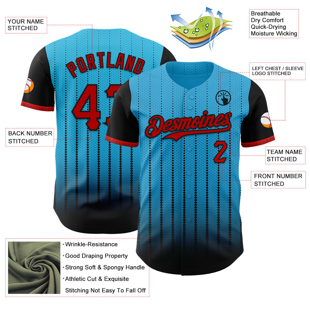 Custom Sky Blue Red-Black 3D Pattern Design Gradient Geometric Shape Authentic Baseball Jersey view 3