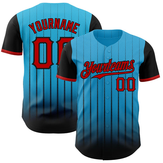 Custom Sky Blue Red-Black 3D Pattern Design Gradient Geometric Shape Authentic Baseball Jersey - Main View