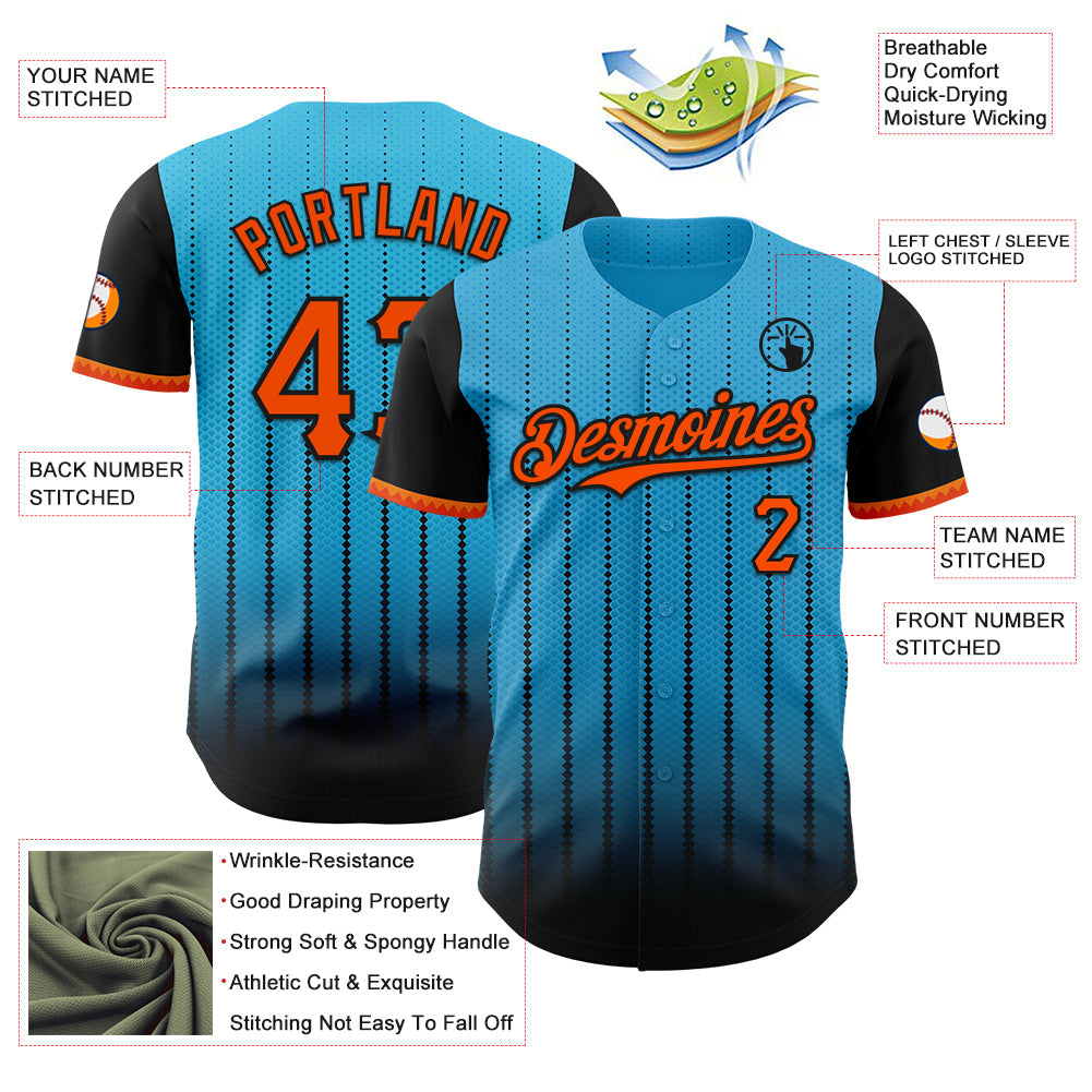 Custom Sky Blue Orange-Black 3D Pattern Design Gradient Geometric Shape Authentic Baseball Jersey view 3