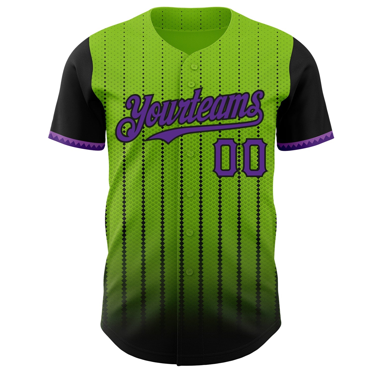 Custom Neon Green Purple-Black 3D Pattern Design Gradient Geometric Shape Authentic Baseball Jersey view 2