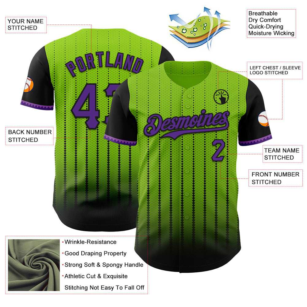 Custom Neon Green Purple-Black 3D Pattern Design Gradient Geometric Shape Authentic Baseball Jersey view 3