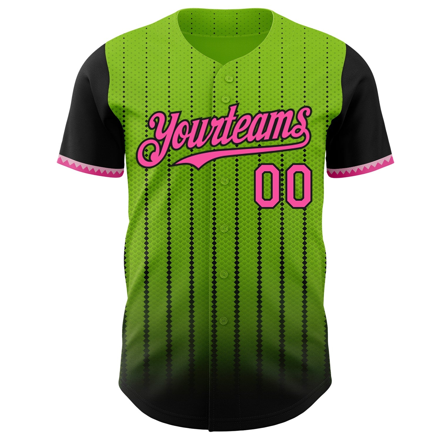 Custom Neon Green Pink-Black 3D Pattern Design Gradient Geometric Shape Authentic Baseball Jersey view 2