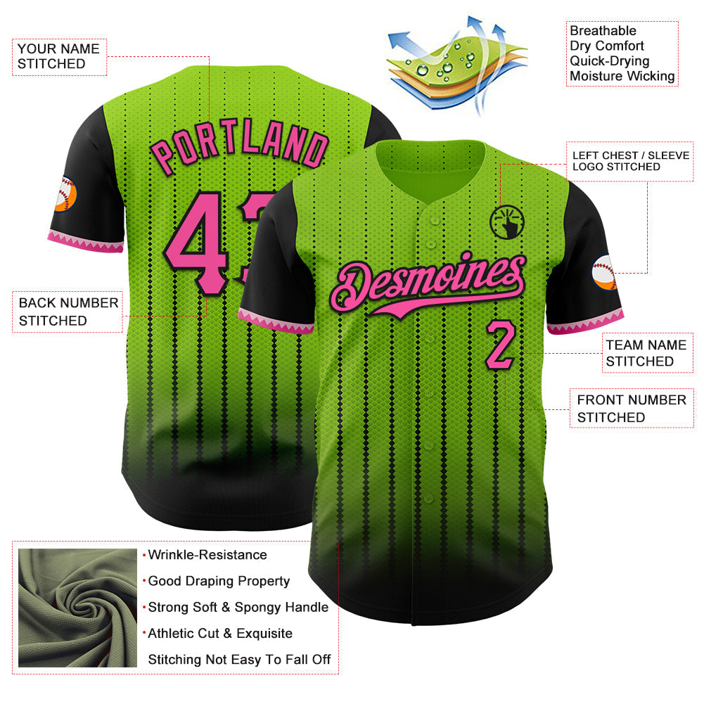 Custom Neon Green Pink-Black 3D Pattern Design Gradient Geometric Shape Authentic Baseball Jersey view 3
