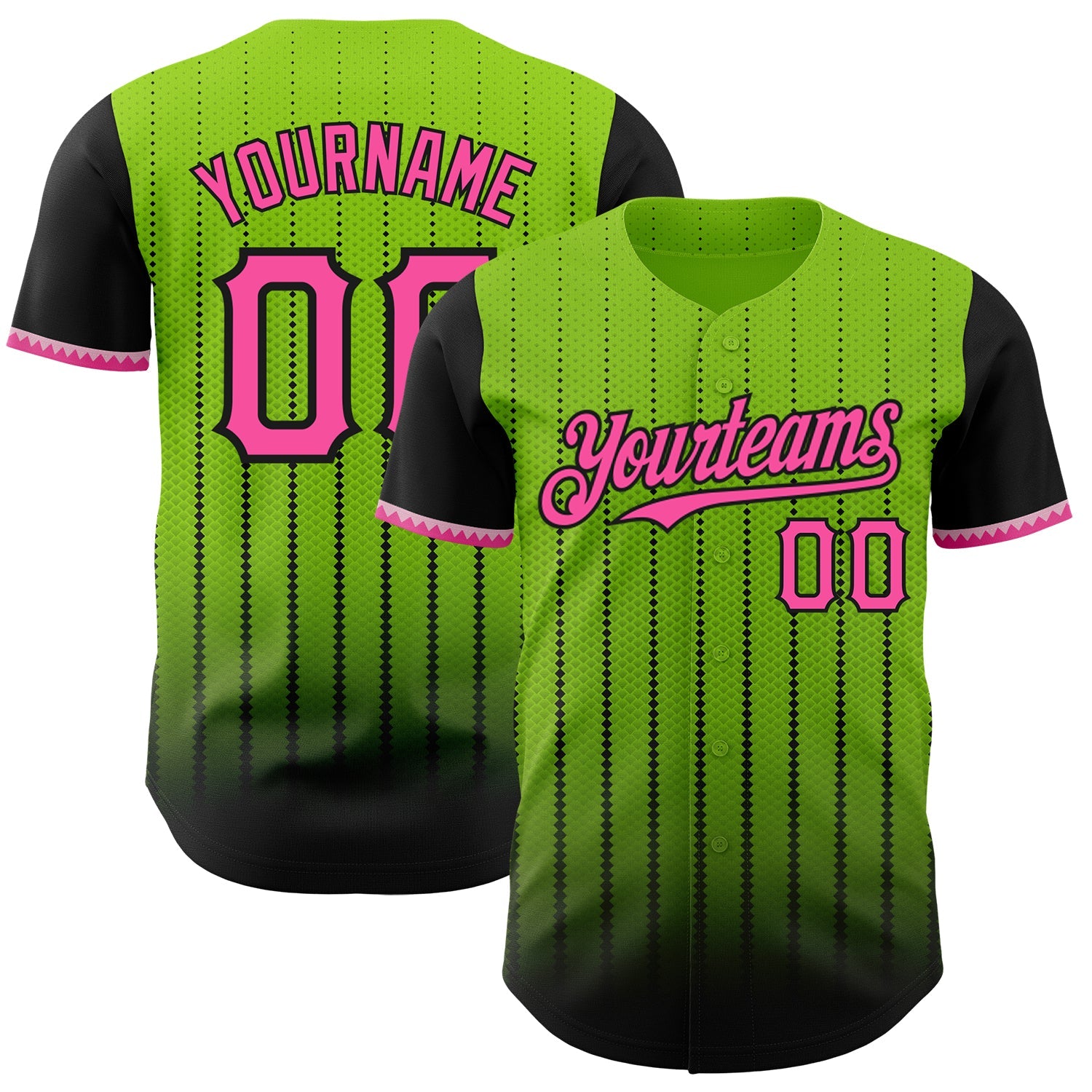 Custom Neon Green Pink-Black 3D Pattern Design Gradient Geometric Shape Authentic Baseball Jersey - Main View