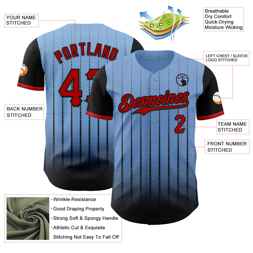Custom Light Blue Red-Black 3D Pattern Design Gradient Geometric Shape Authentic Baseball Jersey view 3