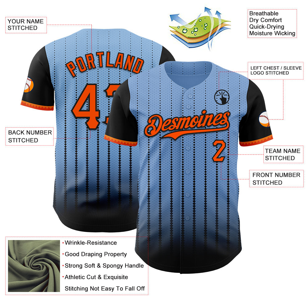 Custom Light Blue Orange-Black 3D Pattern Design Gradient Geometric Shape Authentic Baseball Jersey view 3