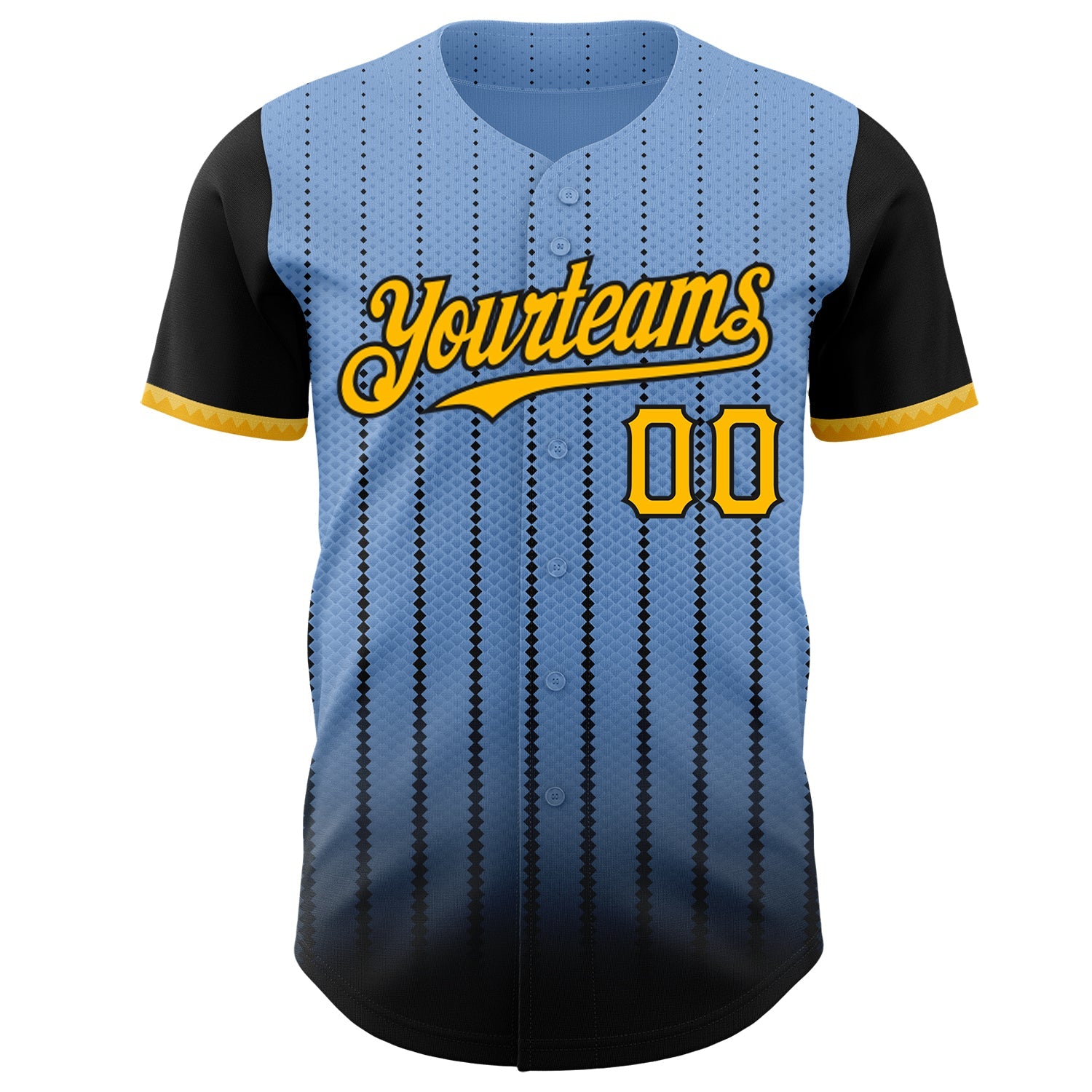 Custom Light Blue Gold-Black 3D Pattern Design Gradient Geometric Shape Authentic Baseball Jersey view 2