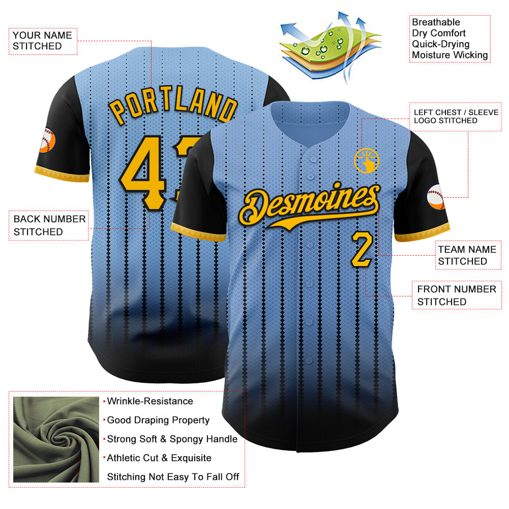 Custom Light Blue Gold-Black 3D Pattern Design Gradient Geometric Shape Authentic Baseball Jersey view 3