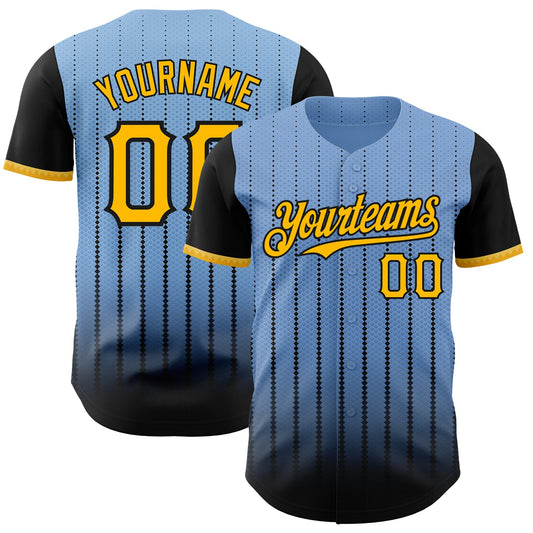 Custom Light Blue Gold-Black 3D Pattern Design Gradient Geometric Shape Authentic Baseball Jersey - Main View