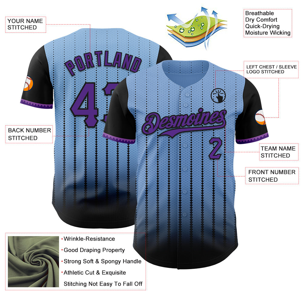 Custom Light Blue Purple-Black 3D Pattern Design Gradient Geometric Shape Authentic Baseball Jersey view 3