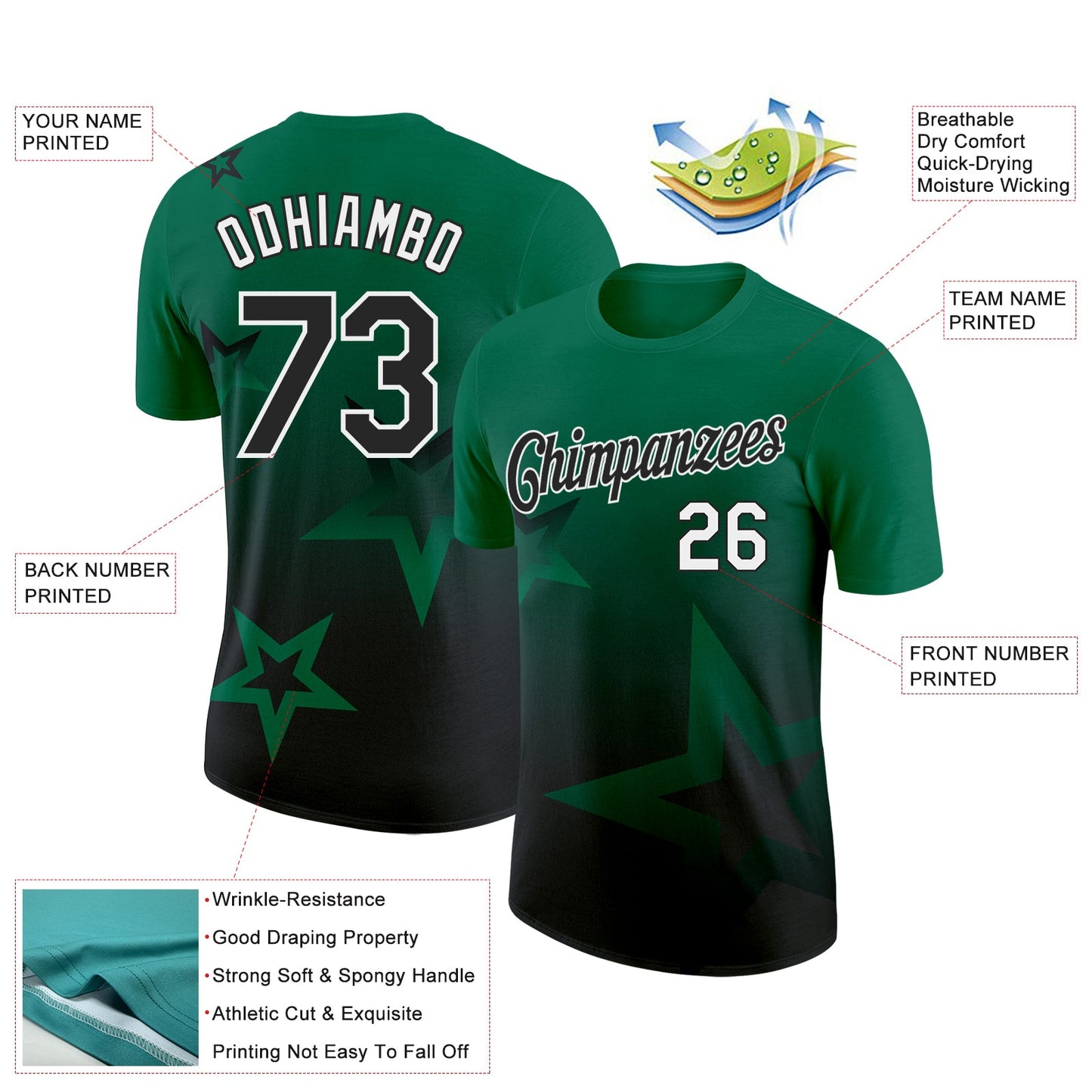 Custom Kelly Green Black-White 3D Pattern Design Gradient Style Twinkle Star Performance T-Shirt view 2